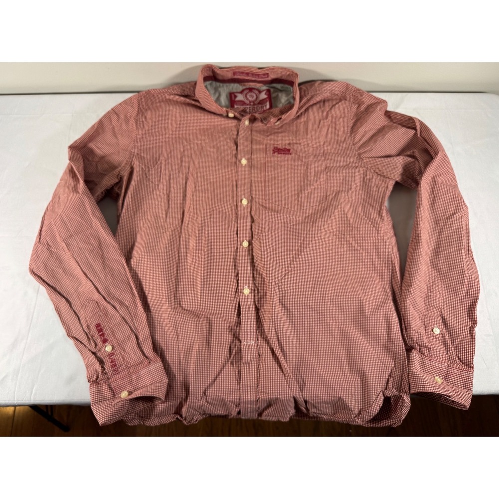 Y2K Superdry London Button Down Shirt Mens XL Red White Gingham LS Check